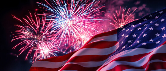 Fireworks display with the American flag waving in front, celebrating a festive atmosphere on the national holiday of the USA. 4th of july background.