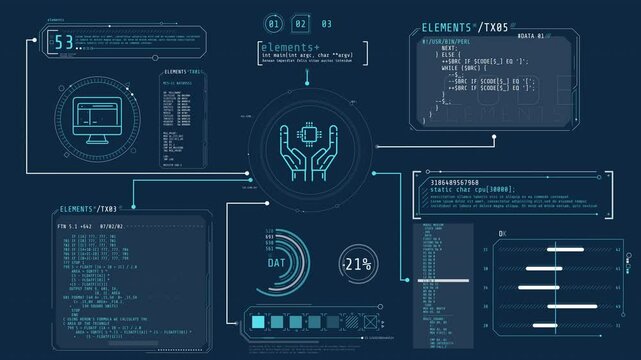 Display with animated programming codes and infographic elements