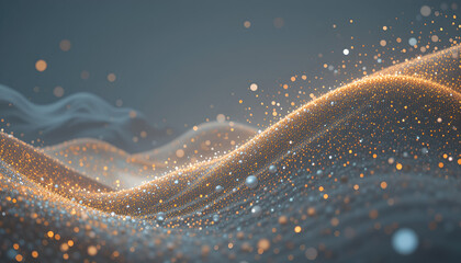 Golden waves of light particles flow gently across a soft gray backdrop, creating a serene and modern abstract landscape design.