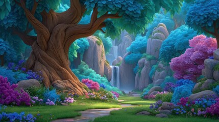 Enchanting elements of the forest include a serene waterfall, colorful flowers, radiant sunlight, and a sense of magic