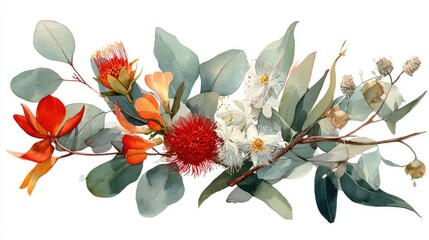 Vibrant floral arrangement of eucalyptus and native Australian wildflowers.
