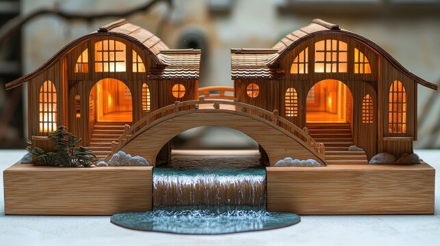 Wooden structure of two buildings connected by a bridge.