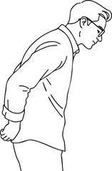 Fototapeta premium Man Bowing Gesture Wearing Glasses and Casual Shirt Side View Outline Vector Illustration 