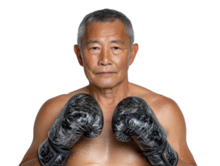Proud senior Asian boxer holding gloves in determination isolated