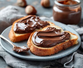 Toast bread with chocolate spread on a plate close-up