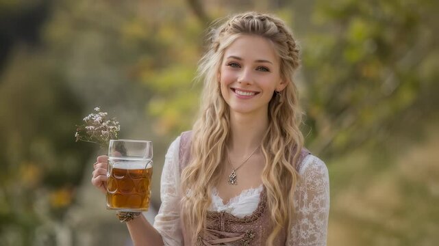 Woman in traditional dirndl drinking beer in outdoor setting with flowers. Bavarian culture, Oktoberfest celebration footage.