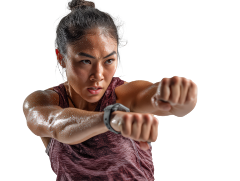 Explosive left hook Asian woman boxer generating torque isolated