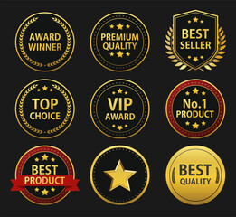 Set of 9 gold award badges with red and black accents. Includes premium, best seller, top choice, and VIP labels. Ideal for certificates, branding, and promotions. Vector, fully editable 