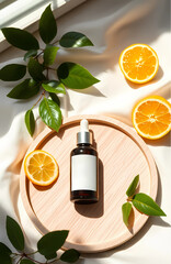 Bright and fresh summer-inspired natural skincare setup with cosmetic bottles on a light wooden tray, surrounded by sliced citrus fruits, green leaves, soft linen fabric, and warm daylight shadows