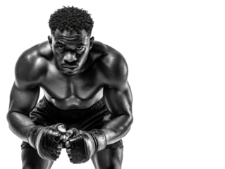Focused pause Black male boxer leaning forward recovering breath isolated