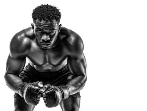 Focused pause Black male boxer leaning forward recovering breath isolated
