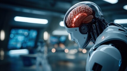 Close-up of a humanoid robot with an exposed brain in a futuristic lab. Ideal for technology and science concepts.