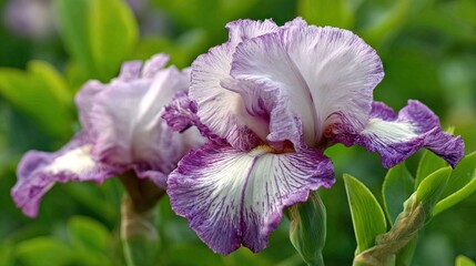 Close-up of a beautiful purple and white iris flower.