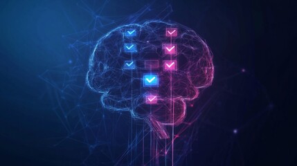 Abstract illustration of the brain with checkboxes lighting up, habit formation and mindset concept generative ai
