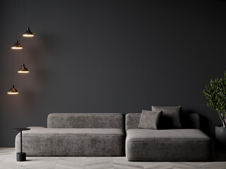 Modern living room with modern sofa. Dark stylish interior room living lounge space. Large couch, accent lamps, deep paint background dark wall. 3d render