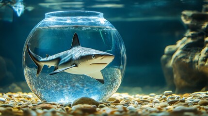 Baby shark in a large fishbowl, metaphor for early limits leading to long-term stagnation generative ai