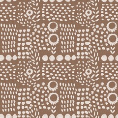 Calm scribble shape minimal shape seamless pattern. Gender neutral baby nursery natural brown linen decor background. Scandi style sketch doodle wallpaper in decorative kid fashion swatch. 