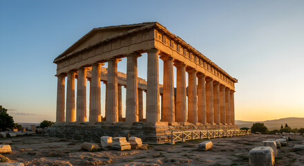 Obraz premium Ancient Greek temple at sunset, showcasing classical architecture and historical significance.