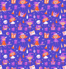 Cute Seamless Halloween Pattern with Witches, Cats, and Potions Purple Cartoon Doodle Style