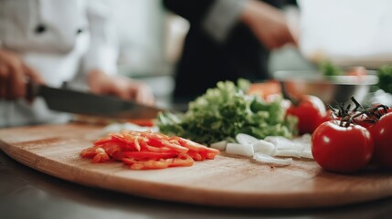 A famous chef, assisted by his helpers, is based in the kitchen of a big restaurant that is overflowing with food, vegetables, and boiling dishes