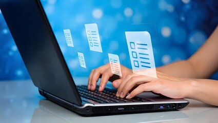 Law regulation and compliance rules on virtual screen concept. Business person working at laptop computer and digital documents with checkbox lists. 