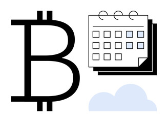 Large Bitcoin symbol next to a calendar with highlighted dates and a minimalistic cloud. Ideal for cryptocurrency, financial planning, blockchain, technology, investment strategies, global markets