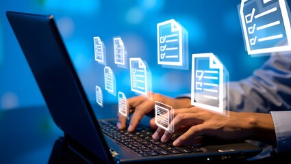 Obraz premium Law regulation and compliance rules on virtual screen concept. Business person working at laptop computer and digital documents with checkbox lists. 
