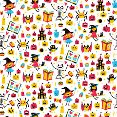 Cute Halloween Seamless Pattern with Witch, Pumpkin, Bat and Skeleton Kids Doodle Style