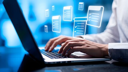 Law regulation and compliance rules on virtual screen concept. Business person working at laptop computer and digital documents with checkbox lists. 