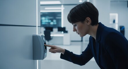 Woman scanning finger on biometric security reader. Fingerprint access control system for office building or data center entry.
