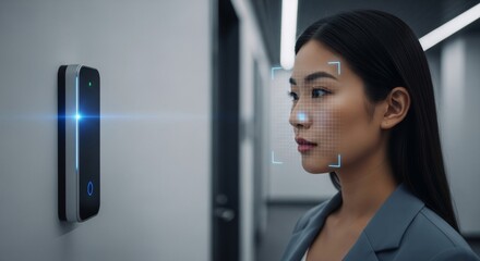 Asian woman using facial recognition device for access. Biometric security scan system for modern office or data center entry.
