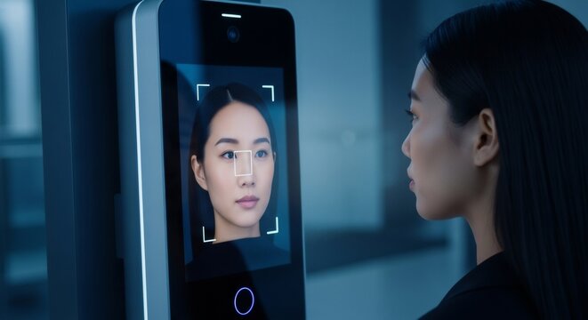 Young asian woman standing in front of biometric scanner doing face recognition. Biometric identity verification access control.
