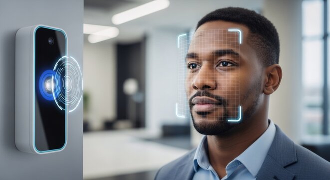 An african american man getting facial recognition scan from a biometric device for secure access and identity verification.
