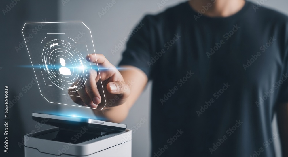 Poster Man touching virtual screen for online access. Digital authentication and biometric identification technology for personal security and data privacy.