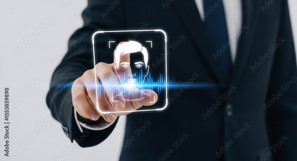 Poster Man hand touching digital screen with face recognition. Biometric concept for secure authentication. Cyber security and data safety.
