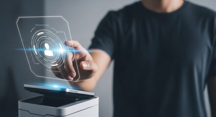 Man touching virtual screen for online access. Digital authentication and biometric identification technology for personal security and data privacy.