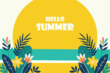 Hello Summer Tropical Background Vector. Bright summer background with tropical leaves and flowers, perfect for seasonal banners, vacation ads, and holiday promotions.