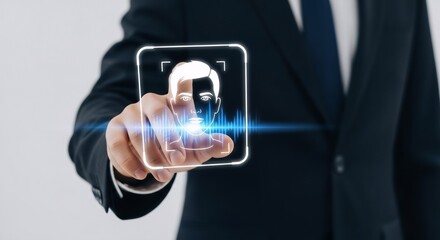 Man hand touching digital screen with face recognition. Biometric concept for secure authentication. Cyber security and data safety.