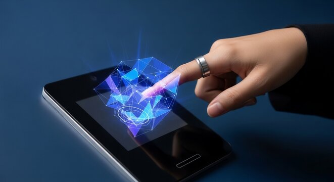 Woman using biometric authentication on tablet. Futuristic digital security and identity verification for mobile device access. - Powered by Adobe