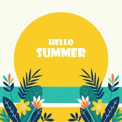 Bright Summer Banner with Tropical Foliage Illustration. Colorful vector banner with sun and tropical foliage. Ideal for web design, invitations, posters, and seasonal promotional use.