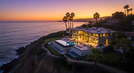 Luxurious beachfront mansion at sunset, overlooking the Pacific Ocean.  Modern architecture, infinity pool, palm trees.