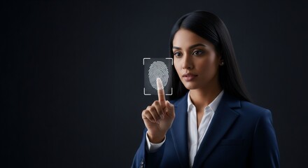 Woman providing fingerprint for biometric security concept. Asian girl scanning finger on screen for digital identification. Secure access system.