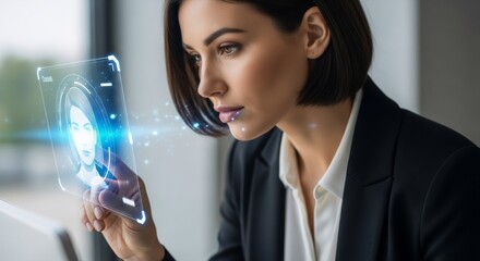 A woman interacting with a holographic display featuring biometric identification. Future technology for face recognition security authentication.