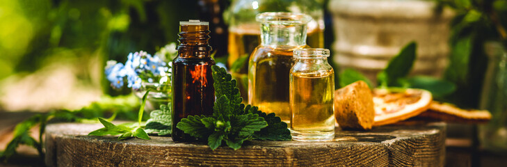 Banner. Aromatherapy, beauty, health care. Ayurveda, naturopathy. Pure organic ingredients for cosmetics, perfumery production. Essential oil, mint, calendula, camomile, plant-based herbal extracts