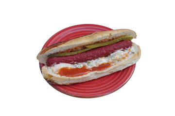 sausage and american salad sandwich, gorali sandwich, isolated on white background