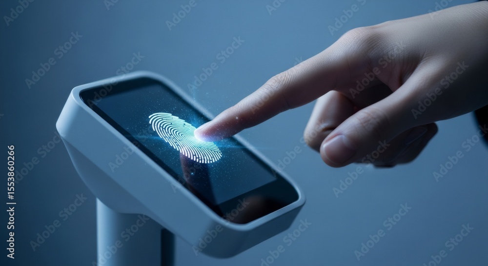 Poster a woman's finger activates a biometric scanner with a glowing fingerprint for secure access or ident