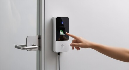 A woman's finger on fingerprint scanner for security access. Biometric authentication system. Technology for home and office.