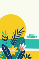 Flat Design Summer Background with Tropical Plants. Minimalist flat vector design with vibrant tropical leaves and flowers for summer event posters, digital ads, or greeting cards.