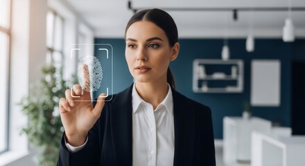 Woman biometric control system. Fingerprint scanner for security access. Authentication for data protection and safe entry.