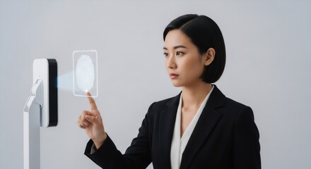 An asian woman uses finger scan biometric security access. Fingerprint recognition system for identification and authentication.